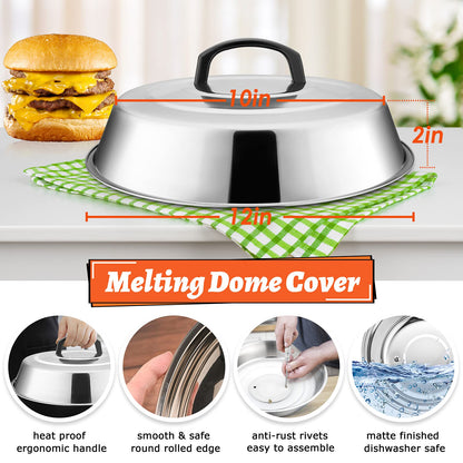 12In Cheese Melting Dome & 8x4In Cast Iron Grill Press, HaSteeL Stainless Steel Basting Cover with Heavy Duty Burger Bacon Press, Griddle Accessories for Teppanyaki Flat Top Stovetop Indoor & Outdoor