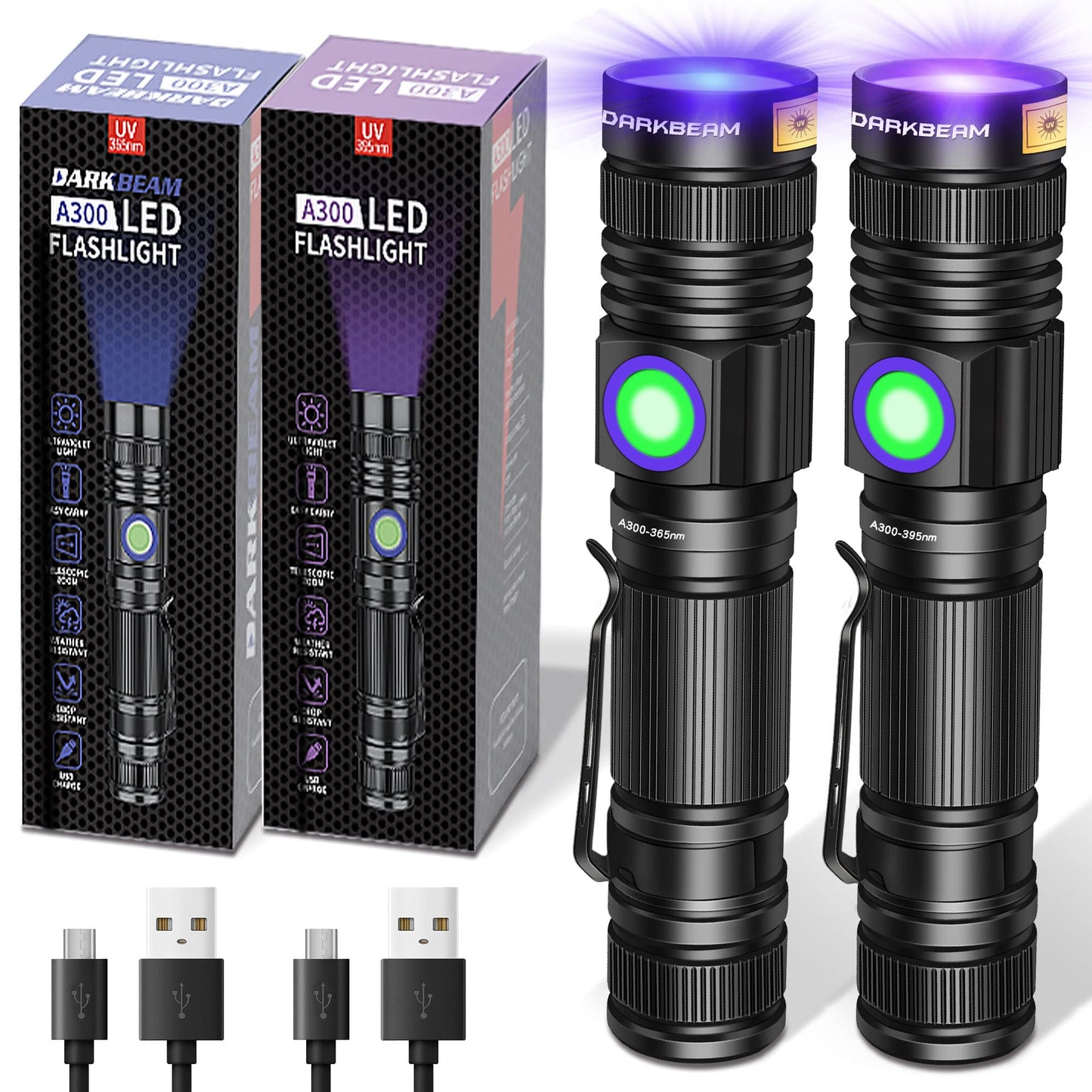 DARKBEAM UV Flashlight 365nm & 395nm Blacklight Rechargeable USB, Wood’s Lamp Ultraviolet Black Light LED Portable with Clip - Detector for Pet Cat Urine, Stains, Resin Curing, Uranium Glass, 2 Pack