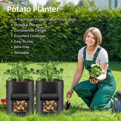 6 Pack Grow Bags, 10 Gallon Potato Growing Bags Breathable Fabric Vegetable Planter Bag with Flap and Handles Large Garden Pots Potato Growing Containers for Vegetables, Fruits and More, Black