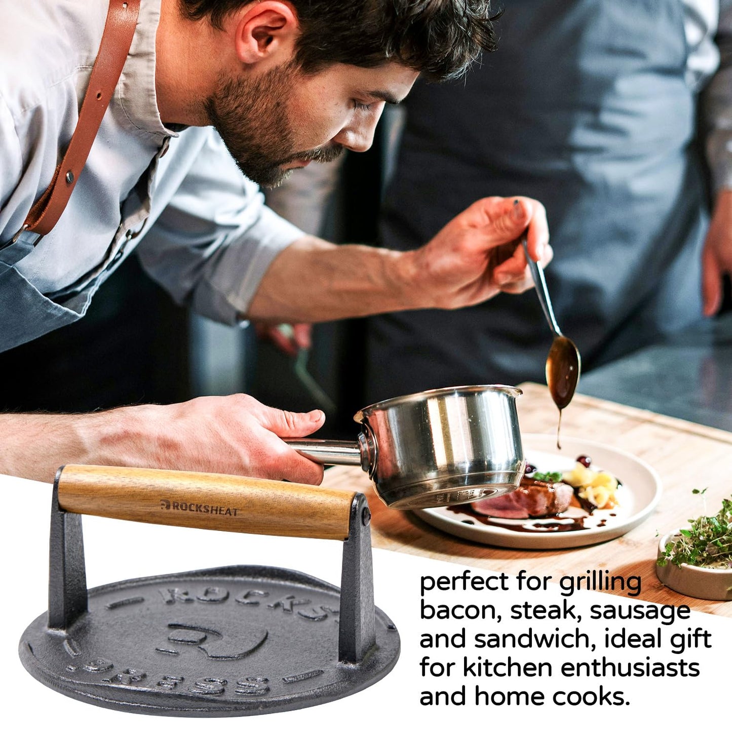 7 Inch Bacon Press, Heavy Duty Cast Iron Grill Press, 2.5 lbs Round Smash Burger Press with Wood Handle & Raised Edge, Food-Grade Griddle Press for Hamburger Bacon Seared Steak Sandwiches and Panini
