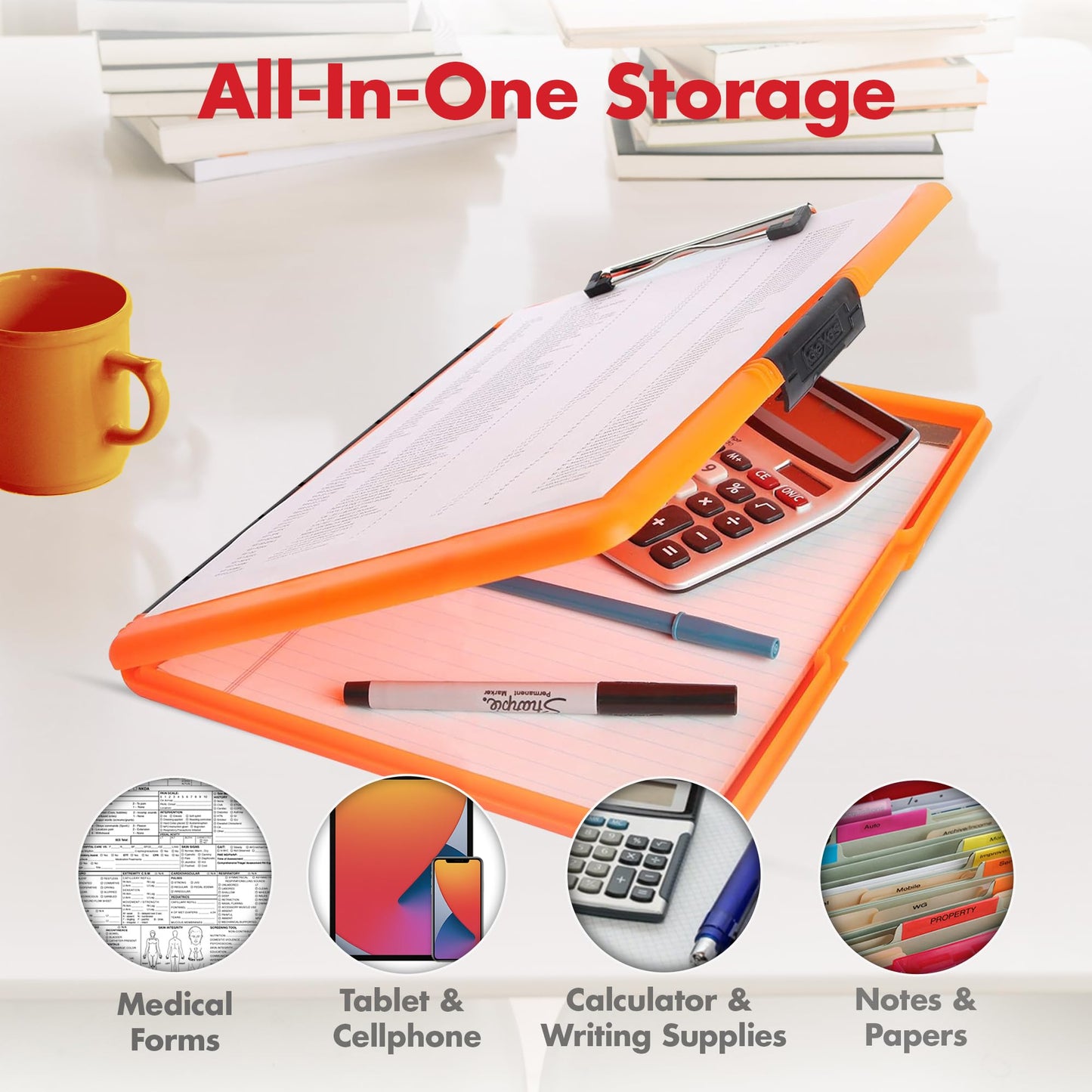 Dexas Slimcase 2 Plastic Clipboard with Storage and Side Opening, Neon Orange, Office Supplies Clipboards to Organize, Carry and Store, A4 Holder, Style and Functionality Nursing Clipboards