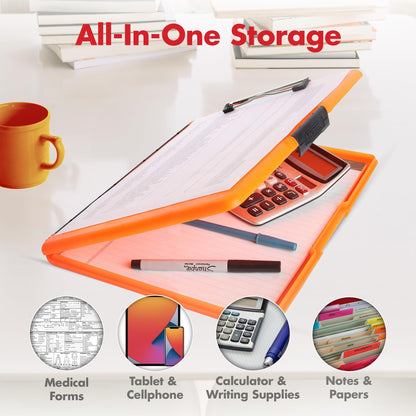 Dexas Slimcase 2 Plastic Clipboard with Storage and Side Opening, Neon Orange, Office Supplies Clipboards to Organize, Carry and Store, A4 Holder, Style and Functionality Nursing Clipboards