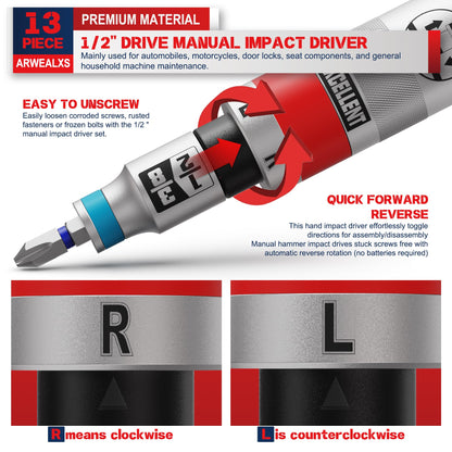 Arwealxs 13 Piece 1/2" Drive Manual Impact Driver, Reversible Hand Impact Screwdriver Set with Slotted, Hex, Phillips Bit Kit, for Tighten and Rusted Fasteners or Frozen Bolts, with Storage Case