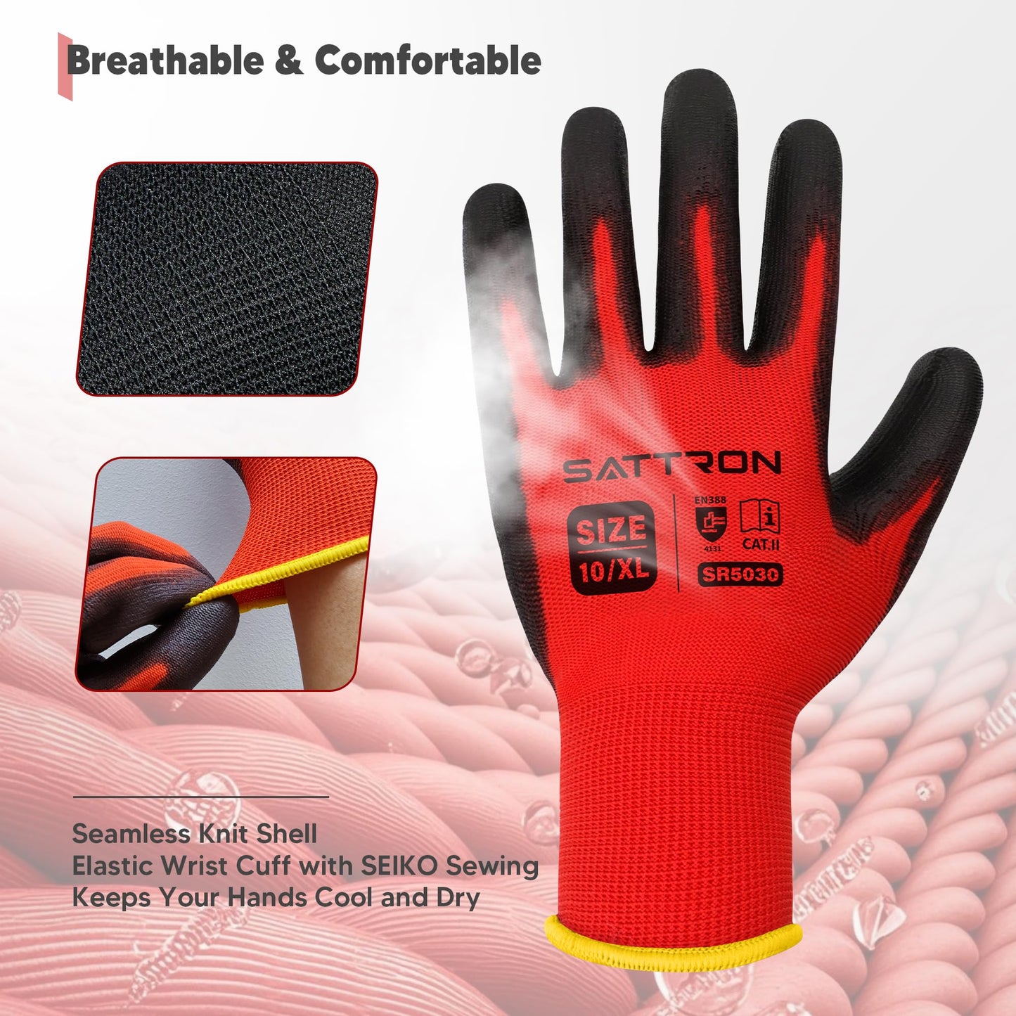 Safety Work Gloves PU Coated, 12 Pairs Seamless Knit Gloves with Polyurethane Coating Working Gloves Excellent Grip for Men & Women, Breathable, Ideal for General Duty Work DIY (Red, X-Large)