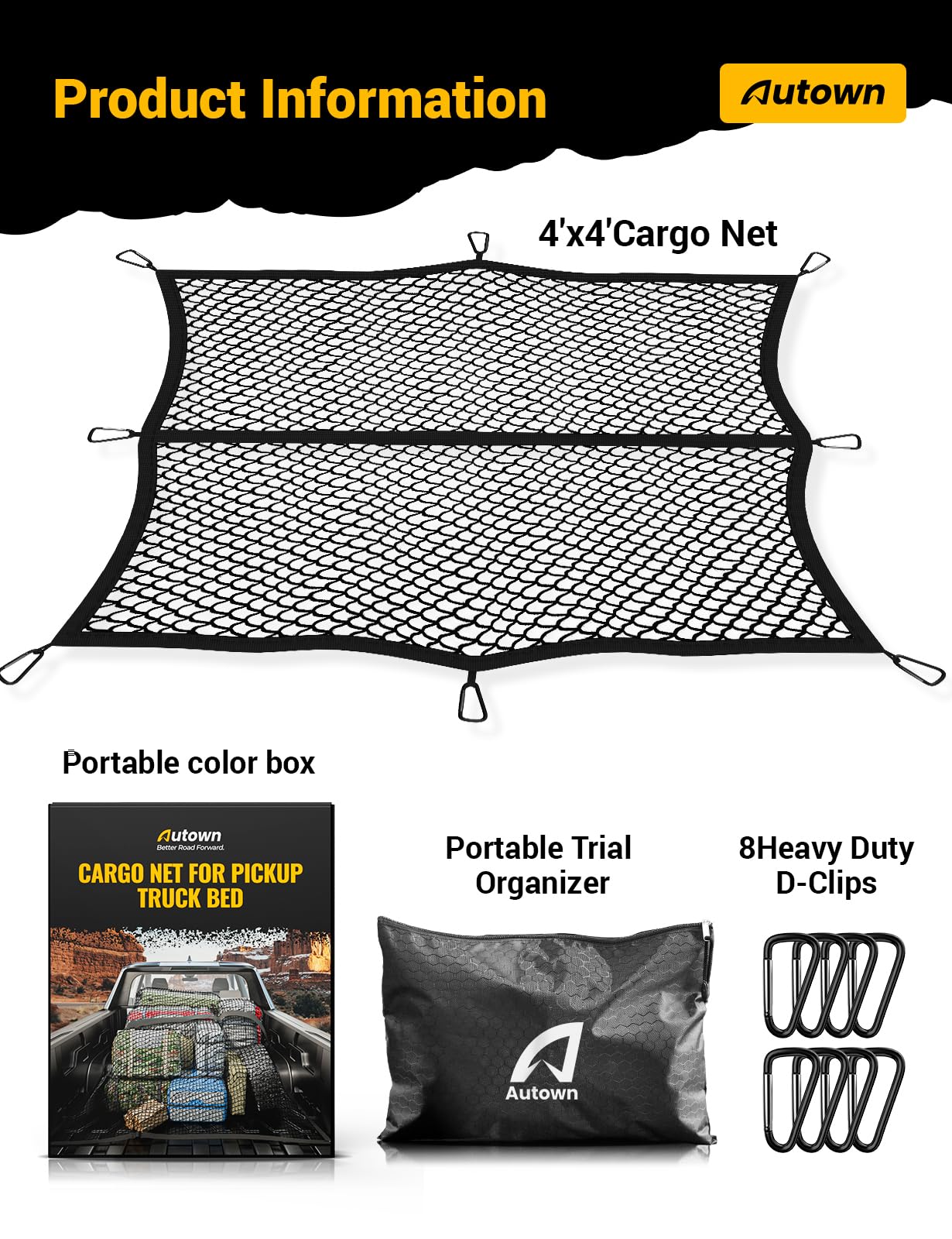 AUTOWN Cargo Net for Pickup Truck Bed - Stretchable 4'x4' to 7'x7', High Elastic Fine Mesh 1''x1'' with 8 Metal Carabiners - Ideal for ATV, SUV, UTV, Truck and Boat Use