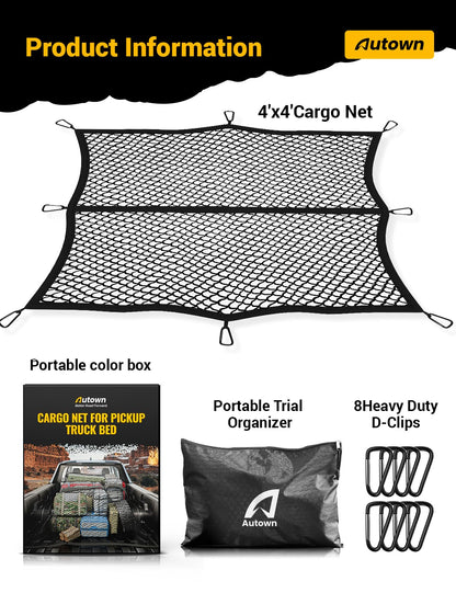 AUTOWN Cargo Net for Pickup Truck Bed - Stretchable 4'x4' to 7'x7', High Elastic Fine Mesh 1''x1'' with 8 Metal Carabiners - Ideal for ATV, SUV, UTV, Truck and Boat Use