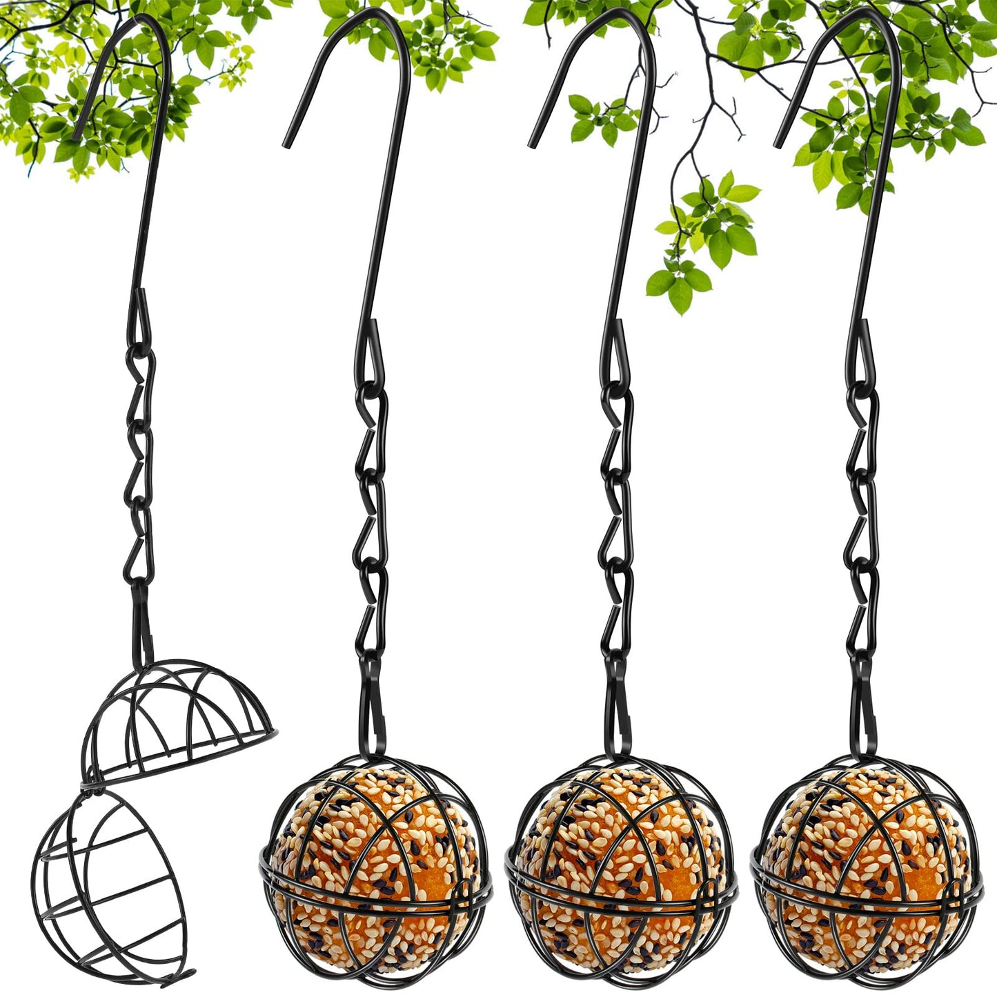 Abizarch 4 Pack Suet Ball Bird Feeder Set, Metal Bird Feeding Station Kit with Hanging Chain, Squirrel Proof Bird Feeders for Outside ，Hanging Hummingbird Feeders for Wild Birds Outdoor Garden