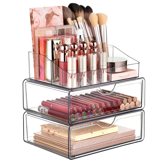 Vtopmart 3 Tier Clear Makeup Organizer with Drawer, Cosmetic Storage for Dresser Countertop and Bathroom Vanity, Skincare Organizer for Lipstick Brush Holders