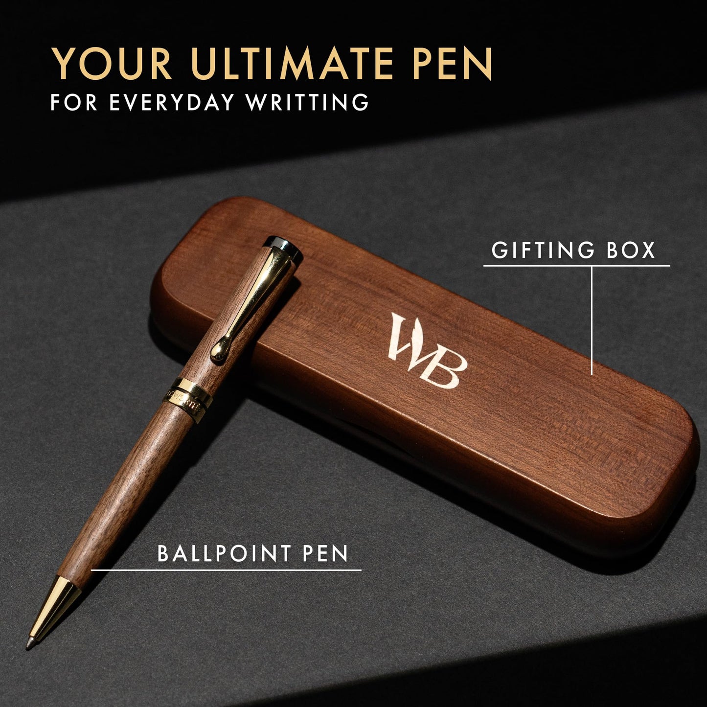 Wordsworth and Black Ballpoint Pen Set - Stunning Luxury Pen Bamboo Brownwood Gold Finish, Refillable, Best Ball Pen for Men & Women, Black Ink Refill, Elegant, Point Pen