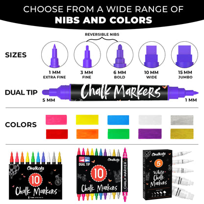 Chalkola Neon Car Window Markers - 10 Chalk Pens (with Gold, Silver) - 3 in 1 Nib, 10mm Jumbo Tip - Washable Liquid Chalk Markers For Blackboard, Chalkboard, Glass, Cars - Erasable Wet Erase Markers