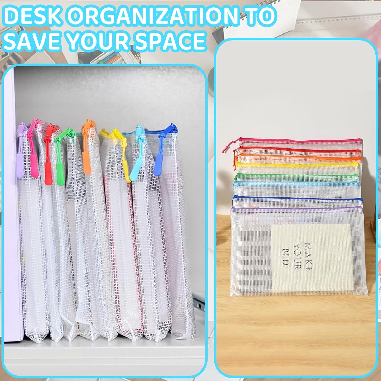 24pcs Mesh Zipper Pouch File Bags Puzzle Storage Bags, A4 13x9 Inches Large Reusable Zipper Pouches for Organizing Classroom Board Game Organization