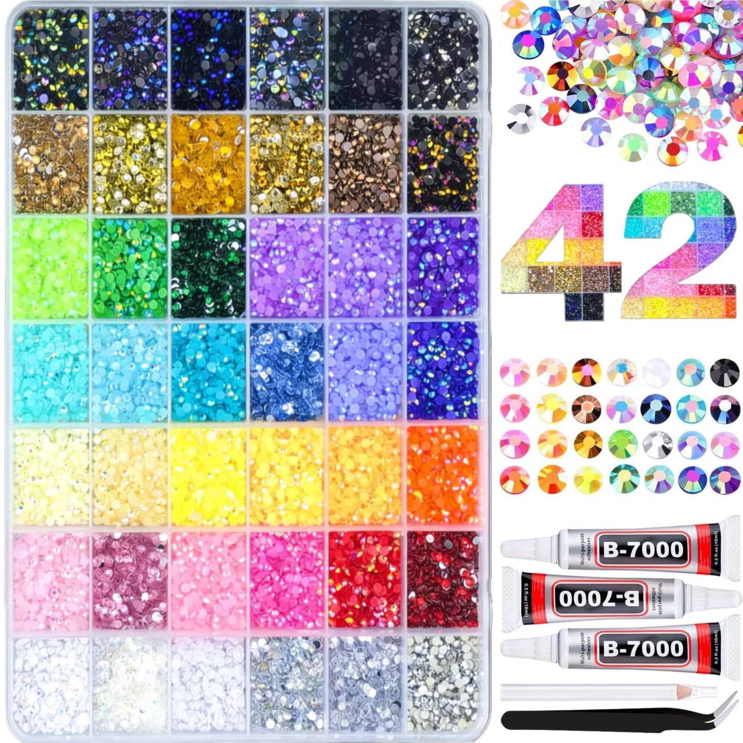 42 Colors 32000Pcs Jelly Rhinestones Bedazzling Kit, 3mm Multicolor Flatback Gems for Crafting, Bedazzle Kit with Tweezers Pen 3Pcs B7000 Glue for Clothes Book Shoes Nails Art Makeup