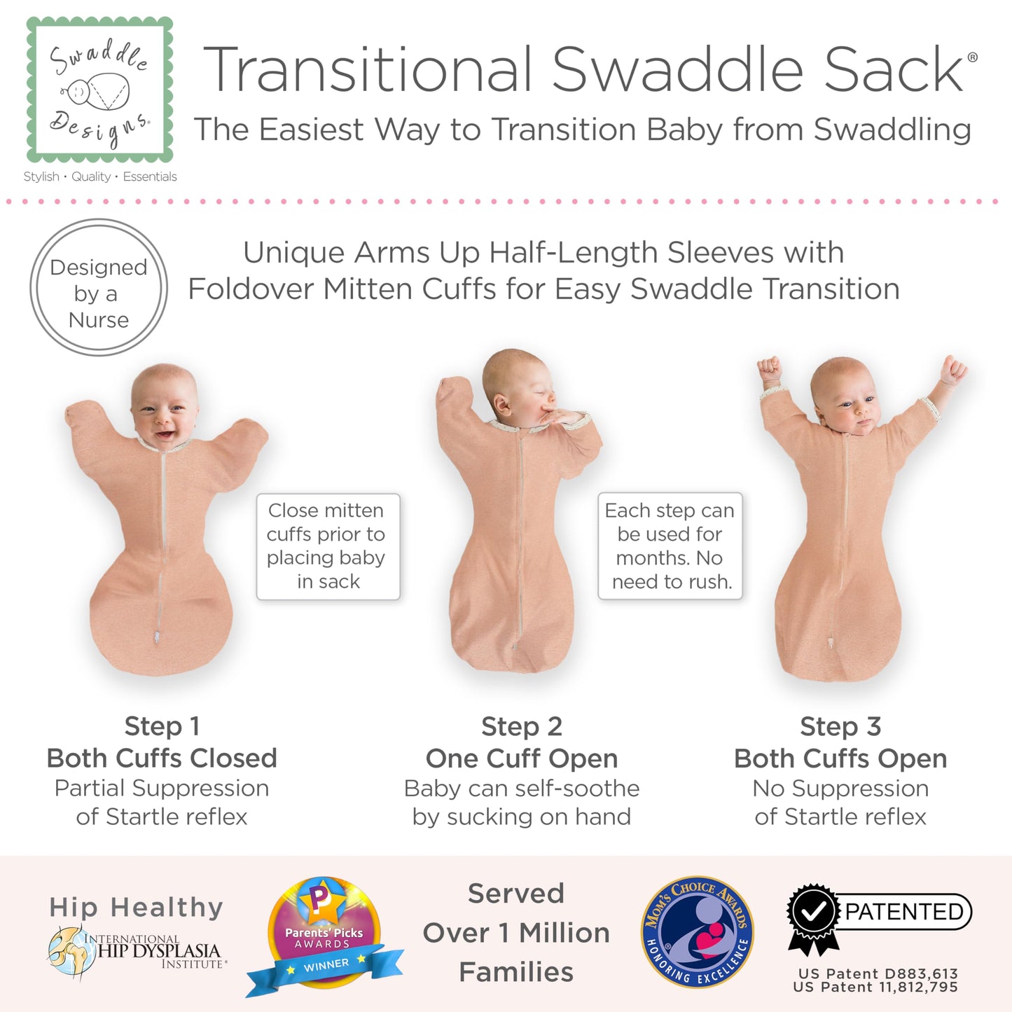 SwaddleDesigns Transitional Swaddle Sack, Arms Up Half-Length Sleeves & Mitten Cuffs, Swaddle for Newborn Transition to Baby Sleep Sack Wearable Blanket, 3-6 Month, 14-21 lb, Heathered Peach Blush
