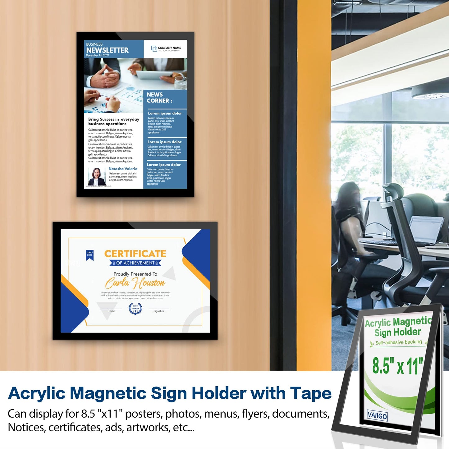 VAIIGO Acrylic Sign Holder 8.5" x 11", 3 Pack Self Adhesive Magnetic Wall Mount Sign Holder with Nano Tape and Magnetic Border, Horizontal or Vertical Sign Holder for Wall, Glass, Home, Store, Office