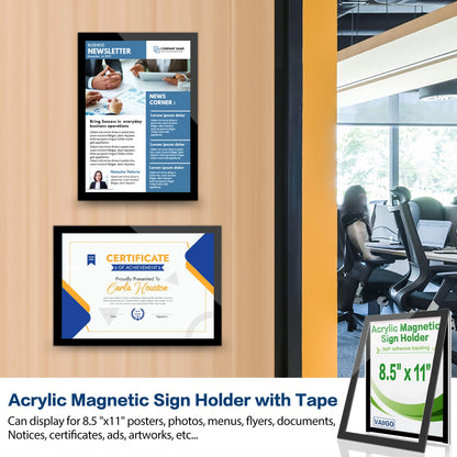 VAIIGO Acrylic Sign Holder 8.5" x 11", 3 Pack Self Adhesive Magnetic Wall Mount Sign Holder with Nano Tape and Magnetic Border, Horizontal or Vertical Sign Holder for Wall, Glass, Home, Store, Office