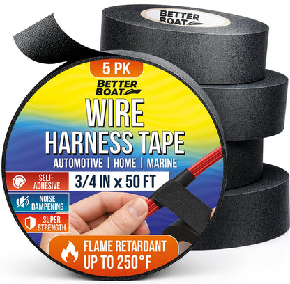 5pk Wire Harness Tape, Heat Resistant Loom Fabric Wrap, High-Temperature Cloth Electrical Wiring, 3/4" x 50ft, Marine and Automotive Felt