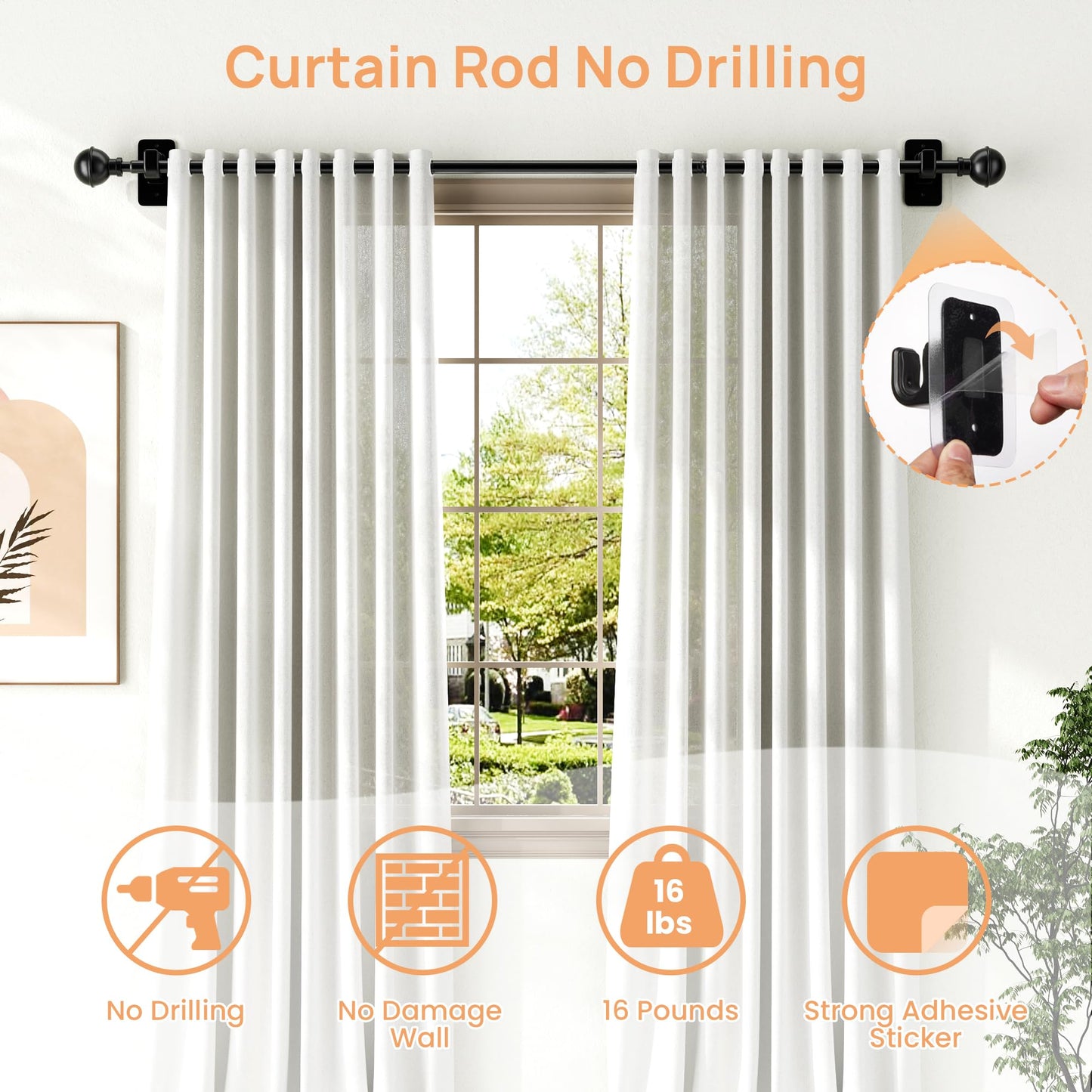 upsimples No Drill Curtain Rods for Window 48 to 84 Inches, 5/8 Inch Diameter Renter Friendly Drapery Rod with Adhesive Brackets without Drilling, Adjustable from 27 to 90 Inches, Black