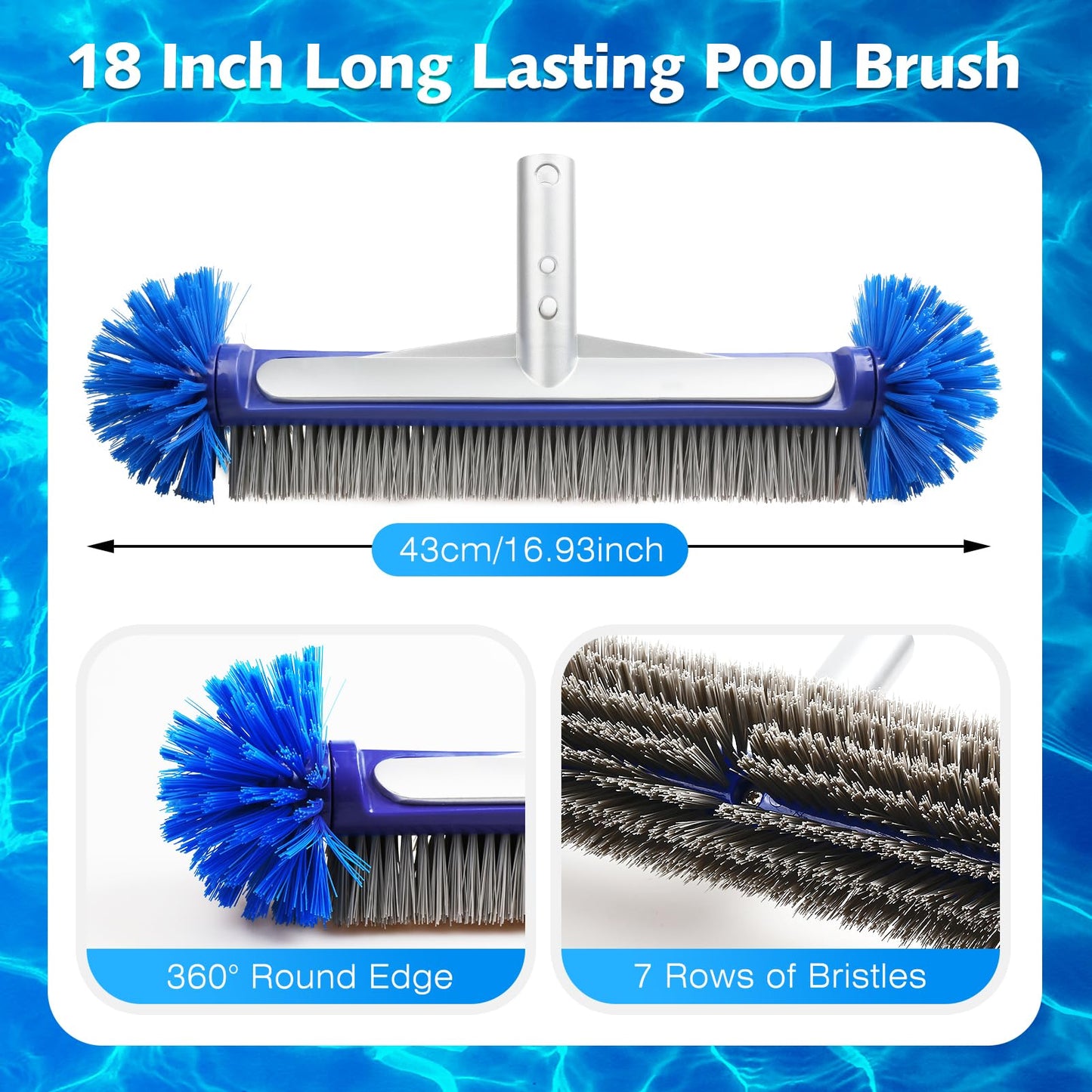 VABNEER Swimming Pool Brush 18 inches Durable Plastic Brush Head with Aluminium Handle and Enhanced Aluminium Back for Swimming Pool, Pond, Spa, Hot Spring, Tubs, Walls, Tile, Floors