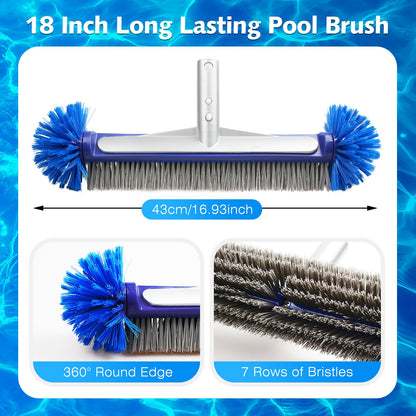 VABNEER Swimming Pool Brush 18 inches Durable Plastic Brush Head with Aluminium Handle and Enhanced Aluminium Back for Swimming Pool, Pond, Spa, Hot Spring, Tubs, Walls, Tile, Floors