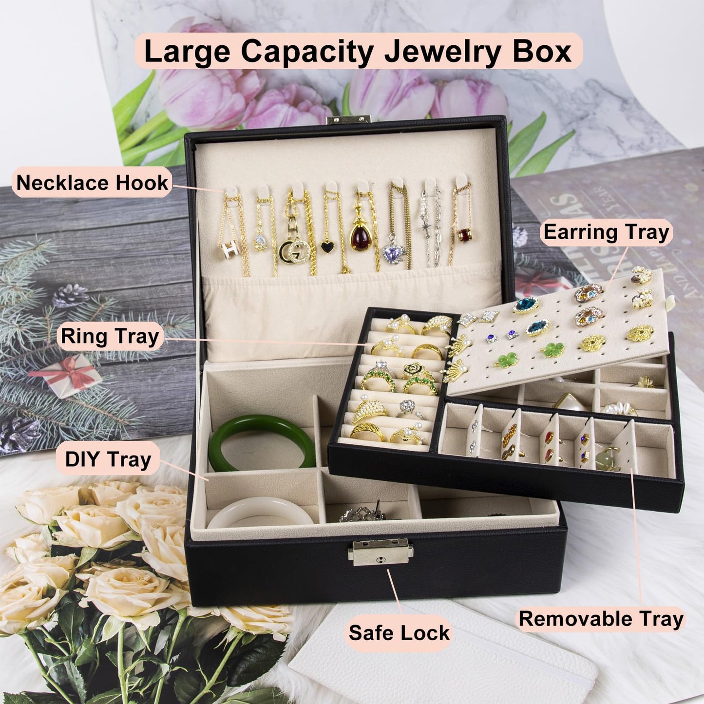 SYCARON Jewelry Organizer Box for Women and Girls, 2 Layer Jewelry Storage Case PU Leather Soft Lining with Lock for Rings Earrings Necklace Bracelets, Gift for Women, Black