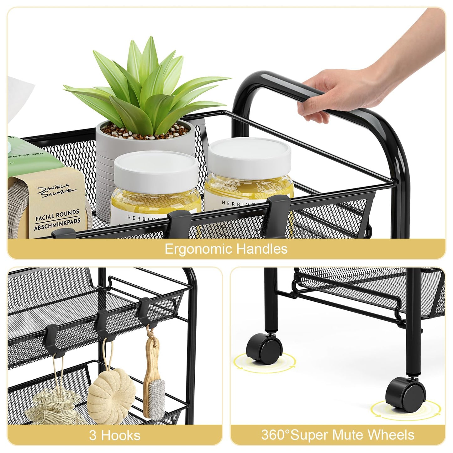 TOOLF 3-Tier Metal Rolling Cart, Mesh Wire Easy Assemble Utility Cart, Storage Trolley on Wheels with 3 Hooks, MetalStorage Shelving Units for Kitchen Bathroom Laundry Room