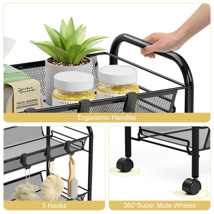 TOOLF 3-Tier Metal Rolling Cart, Mesh Wire Easy Assemble Utility Cart, Storage Trolley on Wheels with 3 Hooks, MetalStorage Shelving Units for Kitchen Bathroom Laundry Room