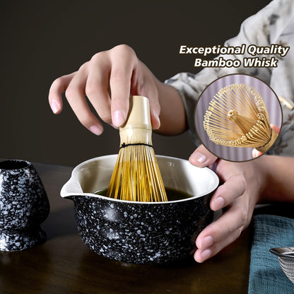 SOOCVWOLF 7 Pcs Matcha Whisk Set, Ceramic Matcha Kit for Tea Ceremony, Matcha Whisk and Bowl, Matcha Tea Set for Making Latte Drinks, Gift for Matcha Lover and Starters(Spotty Black)
