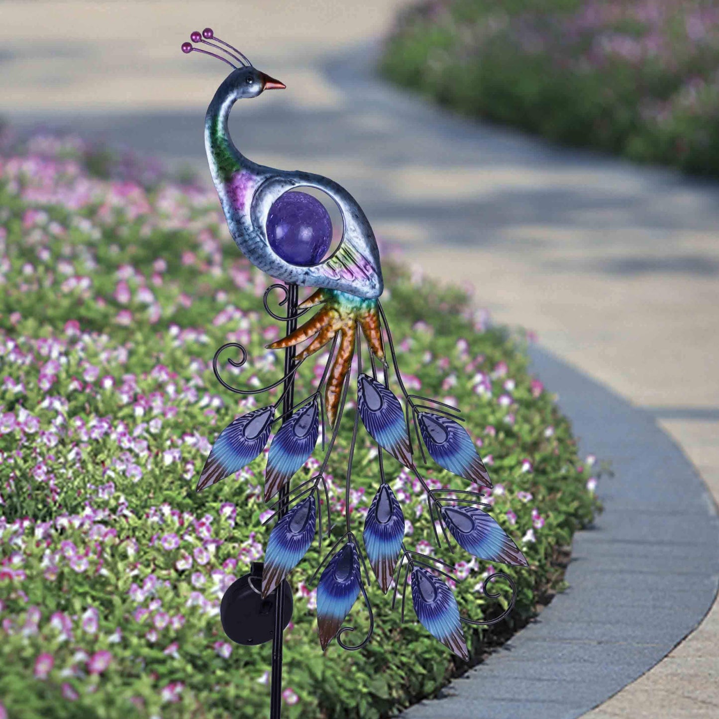 TERESA'S COLLECTIONS Peacock Solar Outdoor Light, 35.4'' Metal Lawn Ornaments with Crackle Glass Ball, Decorative Stake for Garden Decor