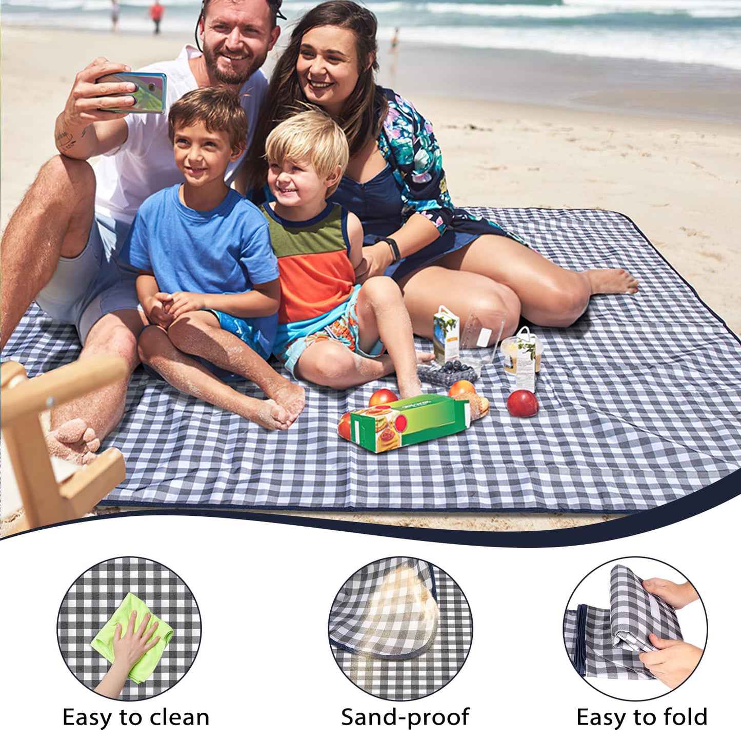 BARTHKIT Extra Large Outdoor Picnic Blanket, 79"x79" Waterproof Sandproof Beach Blanket, Portable Camping Blanket Lightweight for Camping Beach Park Courtyard, Black & White Grid