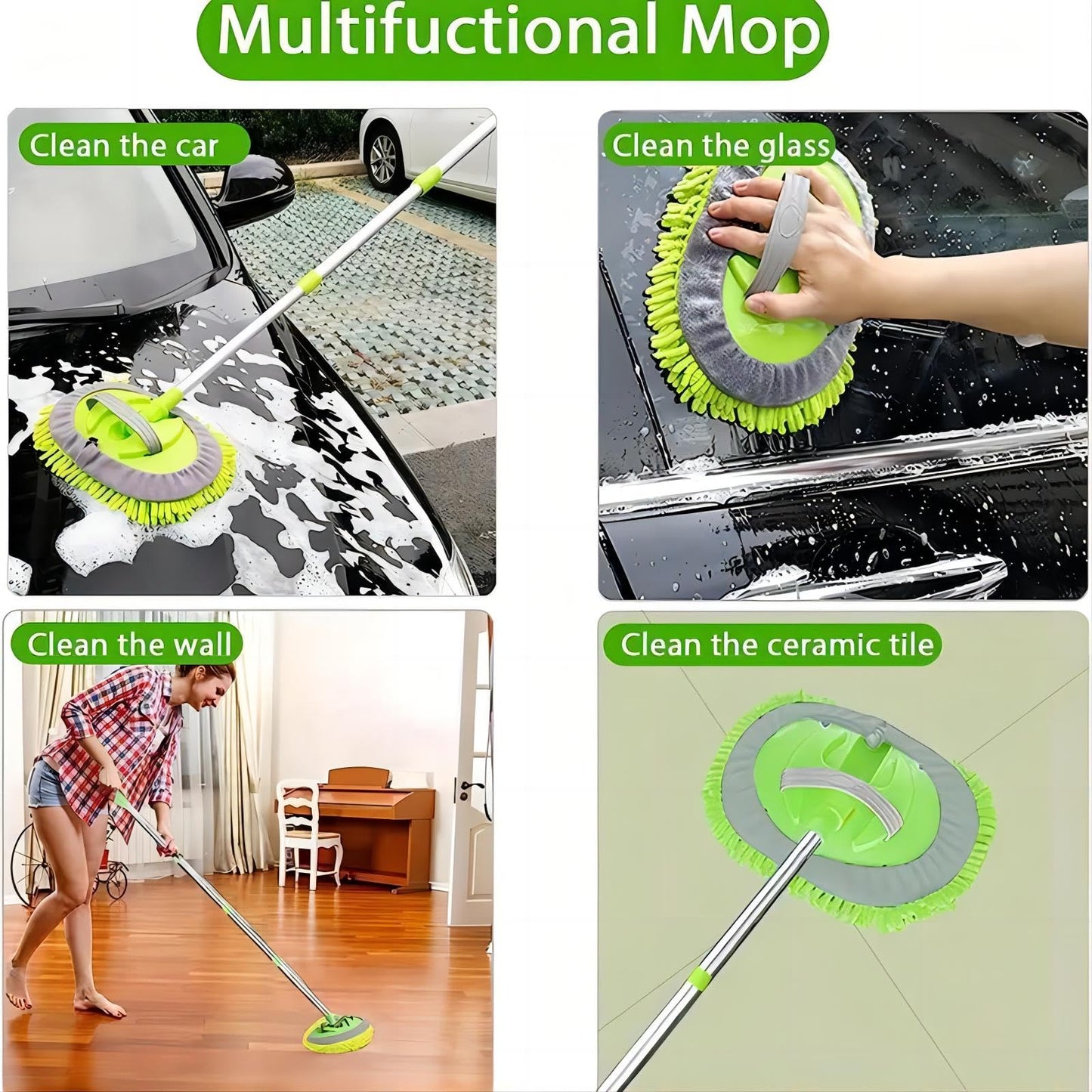 63" Car Wash Brush with Long Handle Microfiber Cleaning Mop Kit for SUV Truck RV 2 in 1 Windshield Cleaner Automotive Interior Exterior Detailing Duster Mitt Scrubber Scratch-Free Accessories