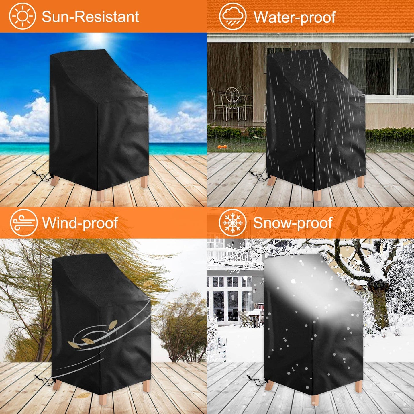 2 Pack Patio Chair Cover Stackable,210D Waterproof Outdoor Chair Cover UV-Coated Polyester Outdoor Furniture Covers for All-Weather Protection, 25" L x 25" W x 47”H (2 PCS - Black)