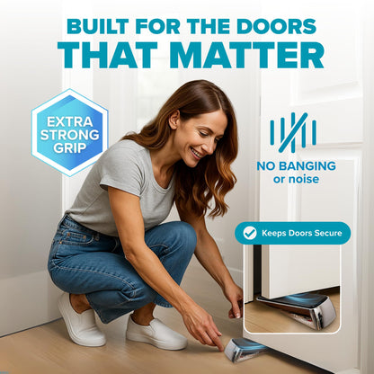 Strongest Home Heavy Duty Door Stopper Wedge (2 Chrome PCs) | Non-Slip Rubber and Metal Door Stop for Heavy Doors| Work on Wood, Tile, Carpet + 2 White Wall Protectors