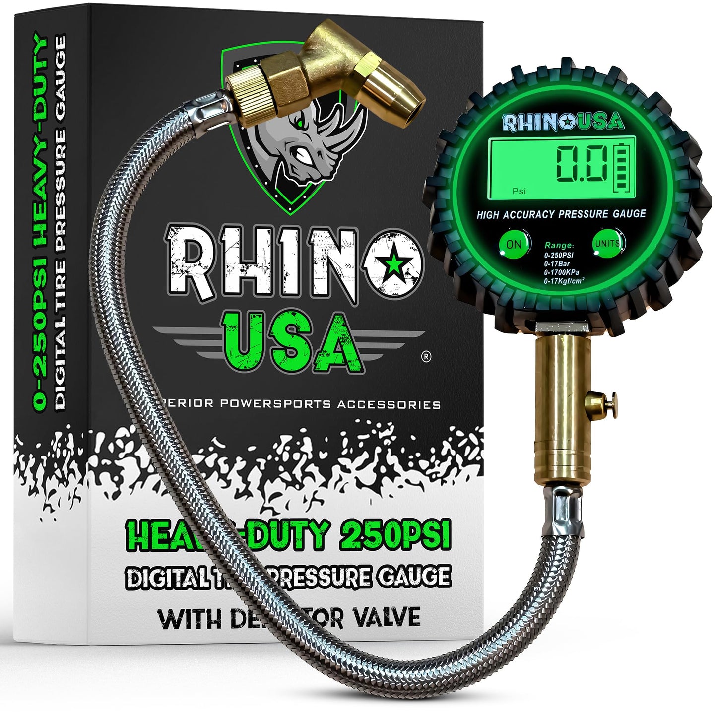 Rhino USA Digital Tire Pressure Gauge (0-250 PSI) - Professional ANSI B40.7 Accurate, Easy Read Glow Dial, Premium Braided Hose - Heavy Duty Air Guage for Truck Tires, Cars, Semi, RV & More!