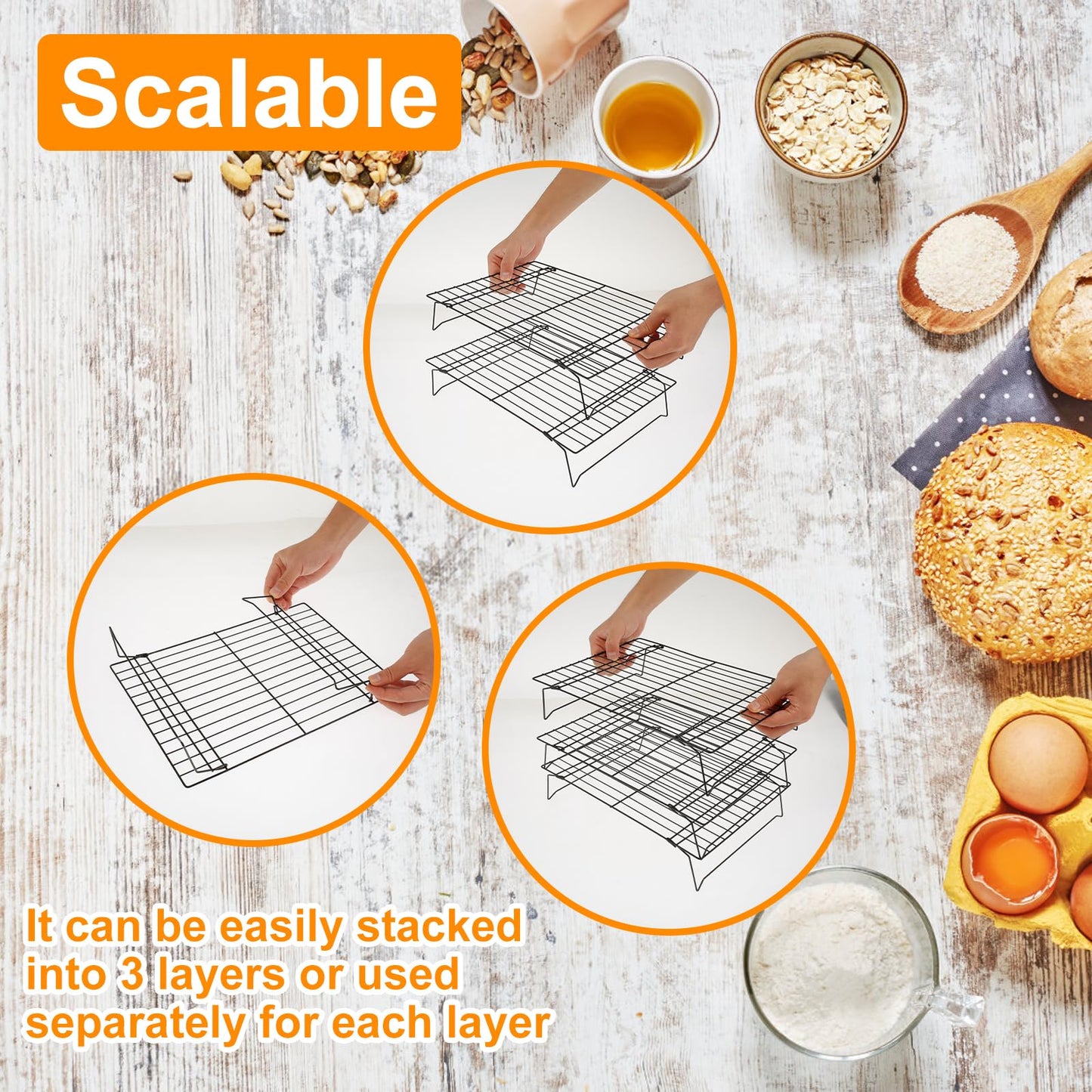 Abizarch 3-Tier Cookie Cooling Rack, 13.4“x9.4" Stackable Iron Baking Cooling Rack,Cooling Rack for Baking, Foldable Wire Cooling Rack Space Saving for Cupcakes Pies Cookies Gadgets