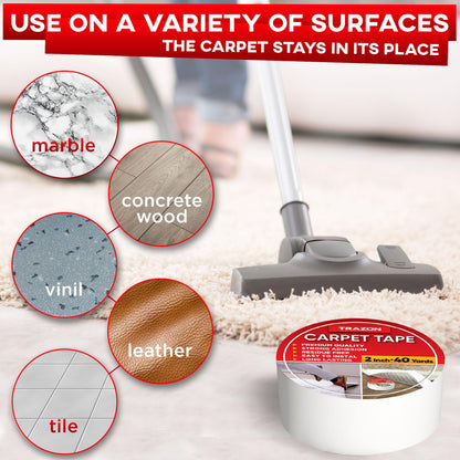Trazon Carpet Tape Double Sided - Rug Tape Grippers for Hardwood Floors and Area Rugs - Carpet Binding Tape Strong Adhesive and Removable, Heavy Duty Stickers Tape, Residue Free (2 Inch / 40 Yards)