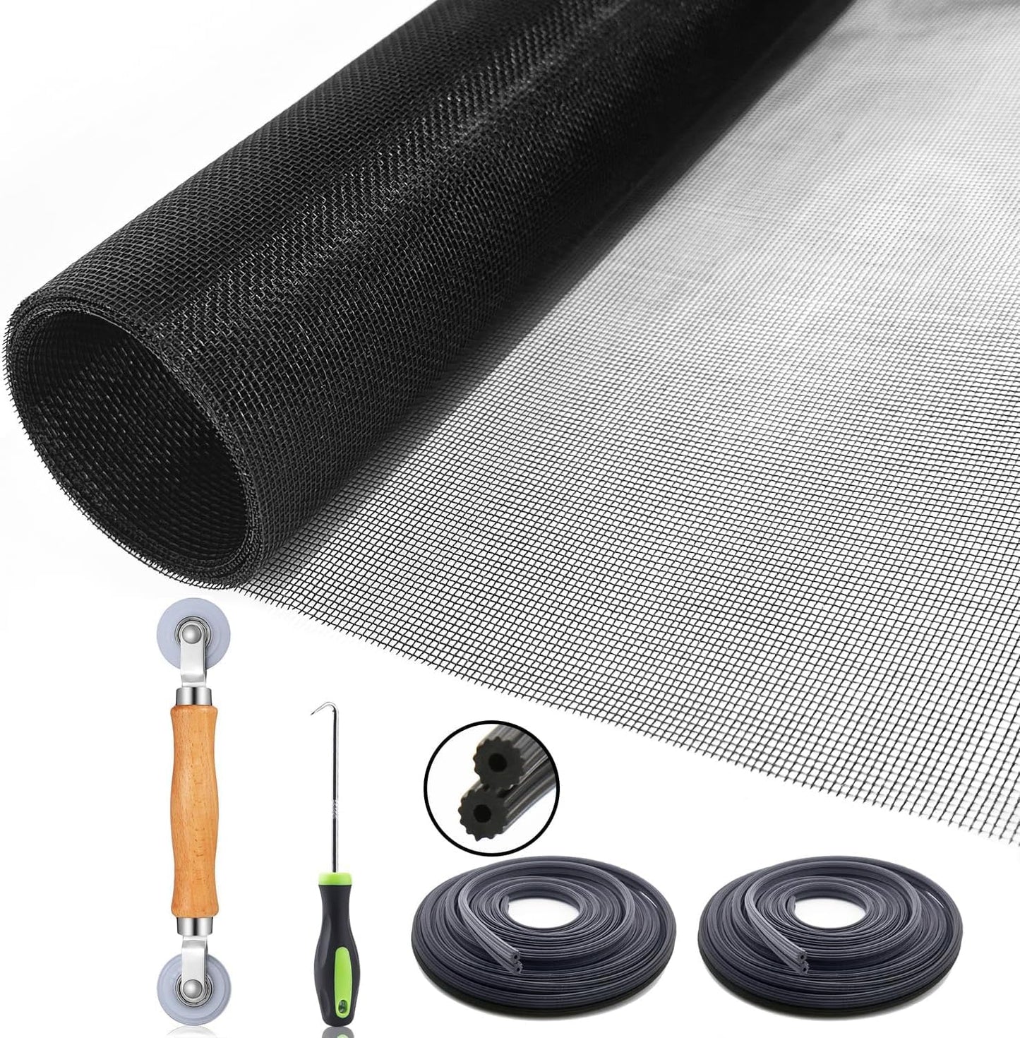 Screen Door Repair Kit Replaceable, 47" x118" Window Screen Repair Kit,Fiberglass Screen Door Mesh with 64ft Spline/Hook/Rolling Tool for Patio Door, Sliding Screen Door Pet Door (120x300cm, Black)
