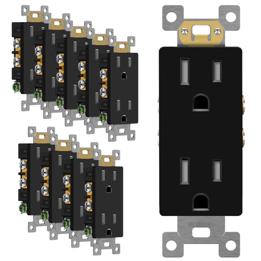 TG Black Decorator Receptacle, Standard Electrical Wall Outlet, 15A 125V, Self-Grounding, 2-Pole, 3-Wire, 5-15R, UL Listed, 10 Pack, Tamper Resistant