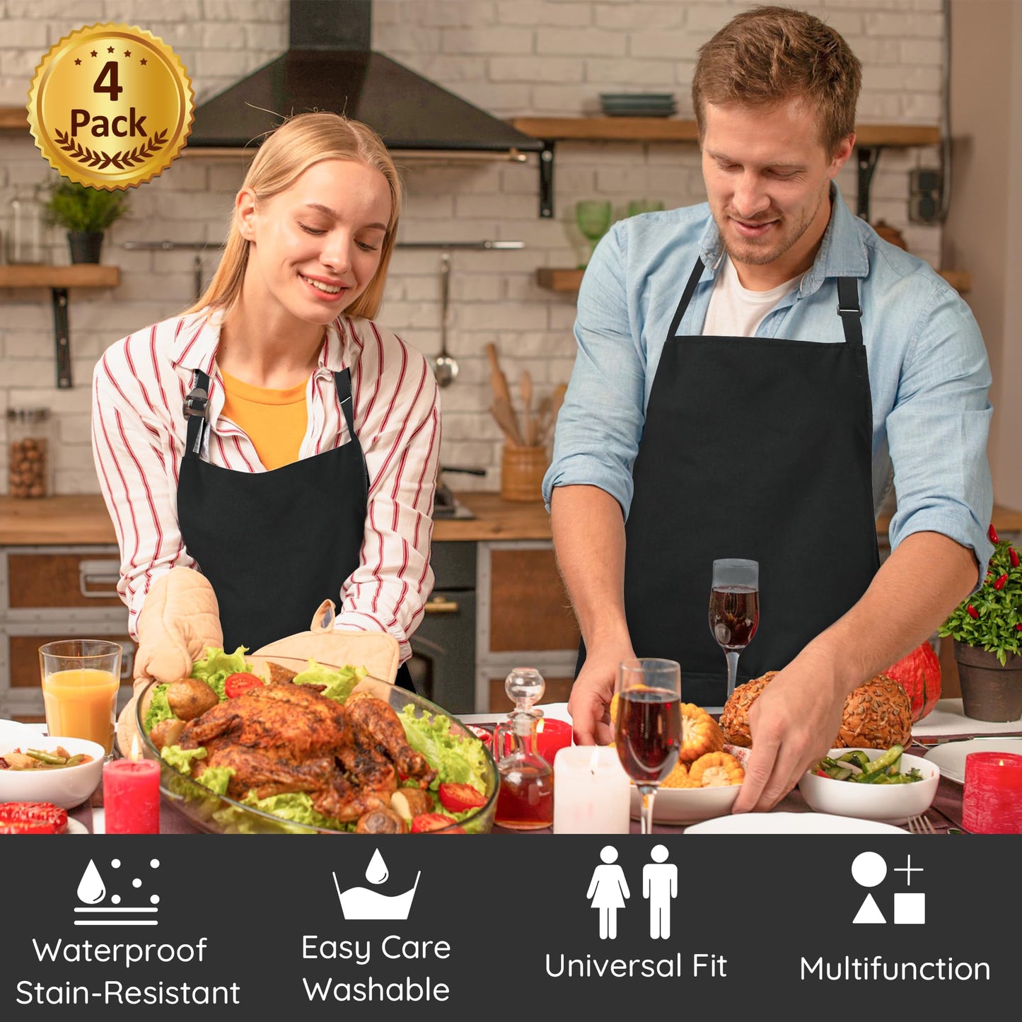4 Packs Chef Apron, Black Waterproof Apron, Adjustable Apron with 2 Pockets for Men Women, Professional Apron for Kitchen Cooking Gardening Painting Baking Restaurant (Black)