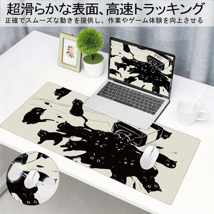 Uniqcasa Gaming Mouse Pad XXL Extended Anime Mouse Pad 31.5x15.7inch, Large Cute Kawaii Big Computer Mouse Mat Desk Pad with Non-Slip Rubber Base and Stitched Edge for Home Office-Black Ink Cat
