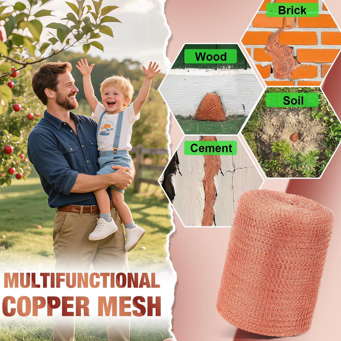 Angooni Copper Mesh,Pure Copper Wire Mesh 5in x 50ft Premium Copper Mesh Ideal for Hole Blocking, Rustproof Pure Copper Mesh Roll
