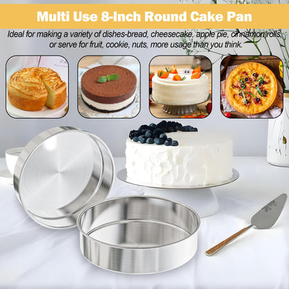 AWTBDP 8 Inch Round Cake Pans Set of 2, Nonstick Stainless Steel Baking Pans Set with 100 Parchment Papers, Durable Birthday Wedding Circle Layer Cake Pans, Cake Pans Sets for Baking, Dishwasher Safe