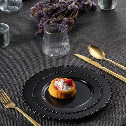 PLASTICPRO 32 Piece Combo Plastic Dinner Plates Disposable Plastic Fancy Heavy Duty Party Dishes 7 inch and 10 inch, Black Beaded