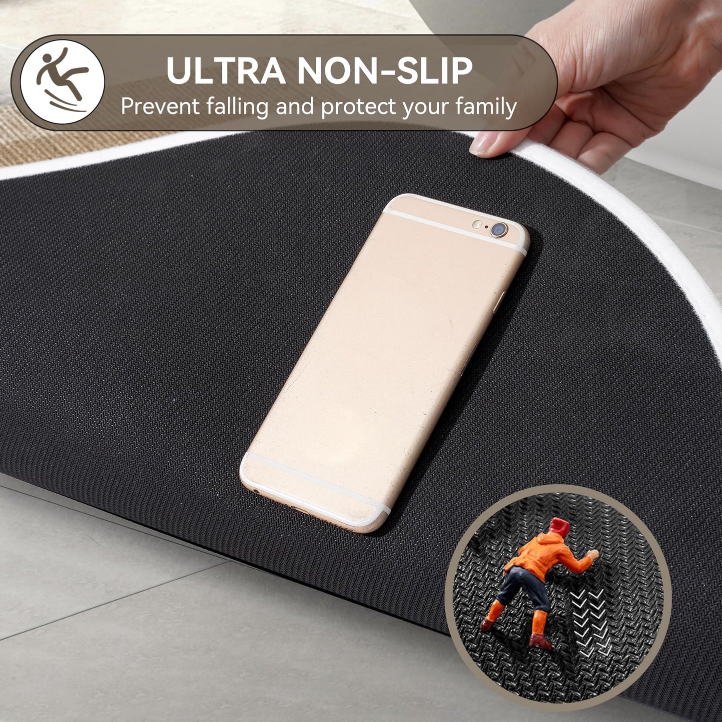 Bathroom Rugs Mat 20x31, Ultra Thin Non Slip Bath Mats for Bathtub Quick Dry Absorbent Rubber Bathroom Mat Fit Under Door, Washable Half Round Bath Rugs, Beige Brown