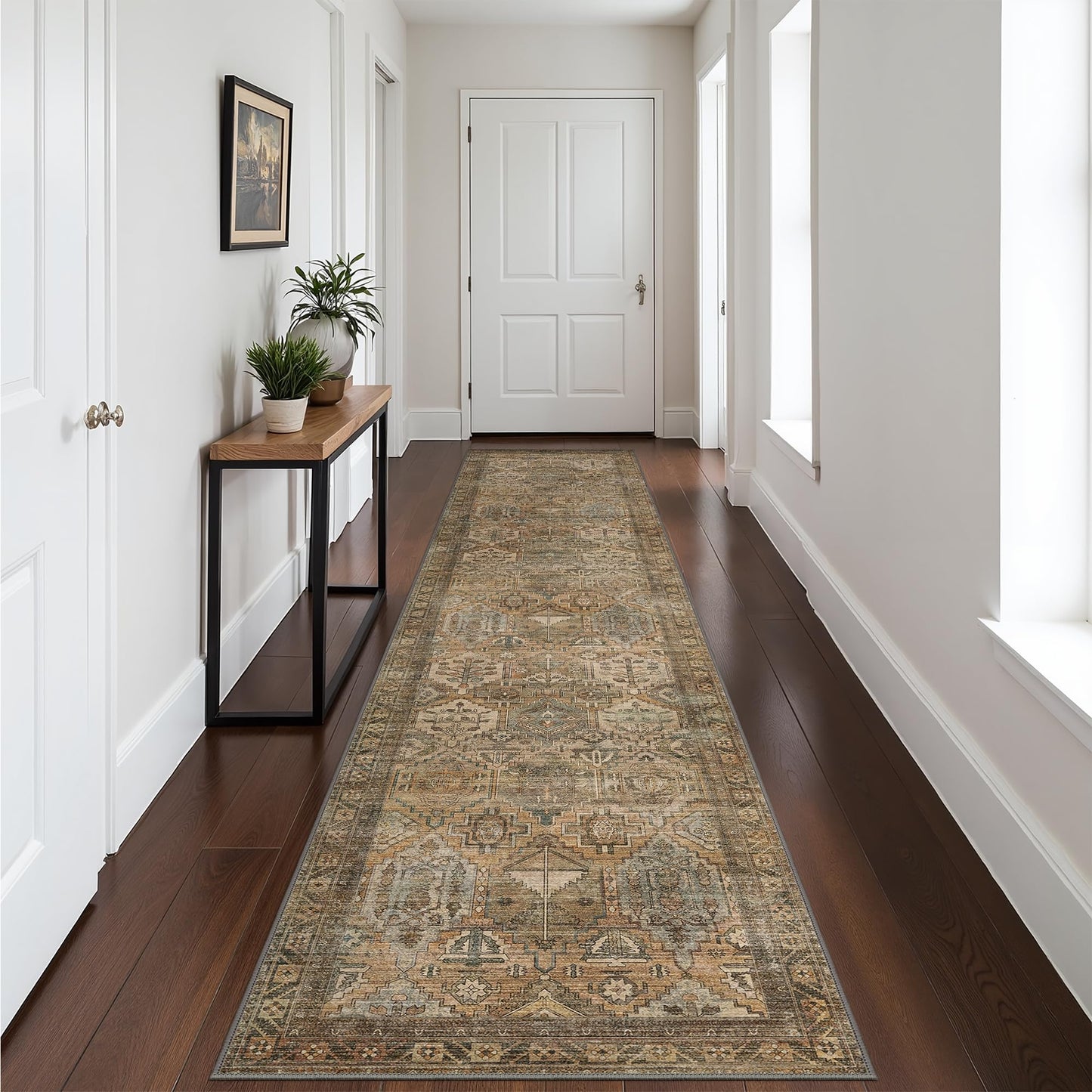 Bavni 2x5 Runner Rugs for Hallways Kitchen Entryway, Washable Runner Rug Vintage Distressed Print Carpet, Ultra-Thin Chenille Low Pile Lightweight Rug with Non Slip Backing, Sepia