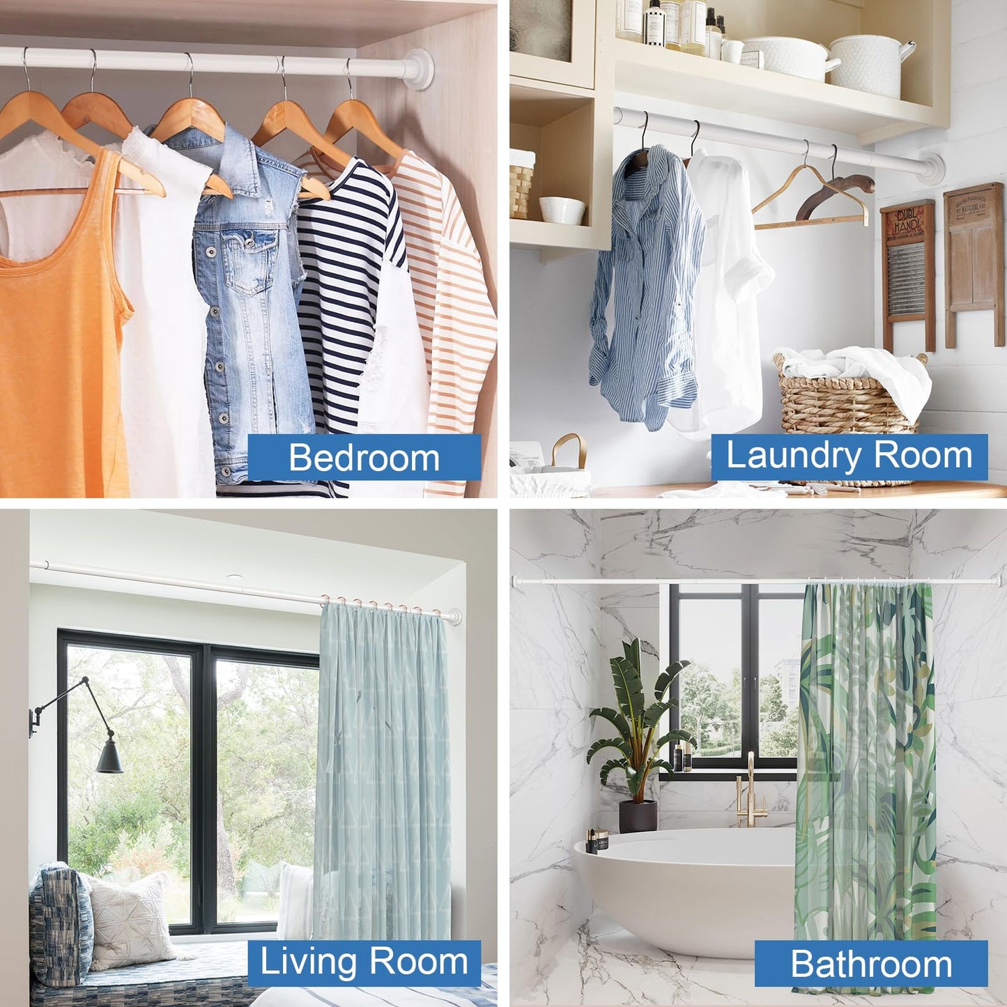 SUNALLY Shower Curtain Rod Adjustable 32-75 Inch, Spring Tension Shower Curtain Rods Stainless Steel Telescoping Curtain Rod for Bathroom or Windows, No Drilling, No Slip, No Rust, White