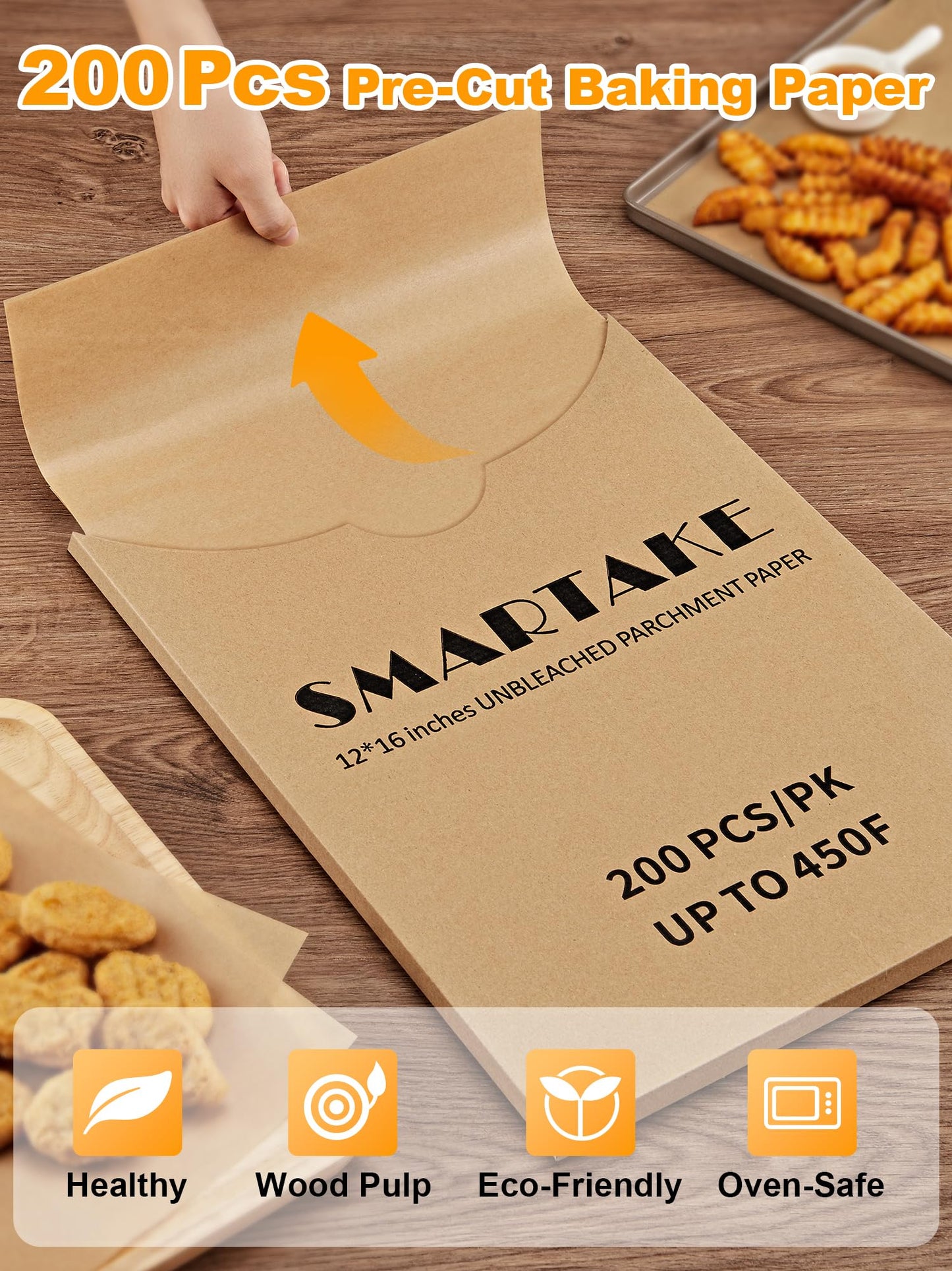 SMARTAKE 200 Pcs Unbleached Parchment Paper Baking Sheets, 12x16 Inches（9x13 Optional）, Non-Stick, Precut for Baking, Grilling, Air Fryer, Steaming, Bread, Cup Cake, Cookie