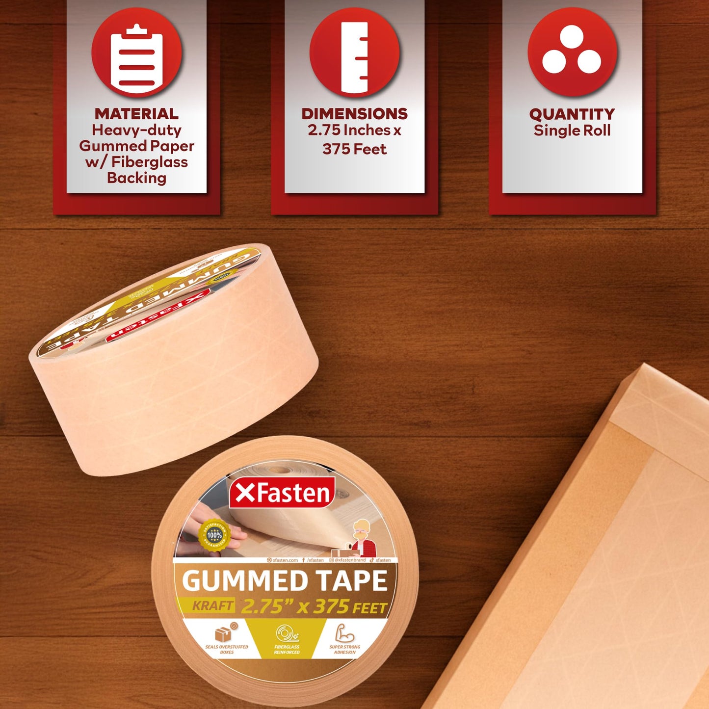 XFasten Reinforced Gummed Kraft Paper Packing Tape, 2.75 Inches x 375 Feet | Water Activated Brown Carton Box Packing and Sealing Tape for Mailing and Moving with Fiberglass Backing