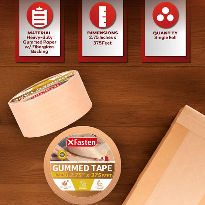 XFasten Reinforced Gummed Kraft Paper Packing Tape, 2.75 Inches x 375 Feet | Water Activated Brown Carton Box Packing and Sealing Tape for Mailing and Moving with Fiberglass Backing