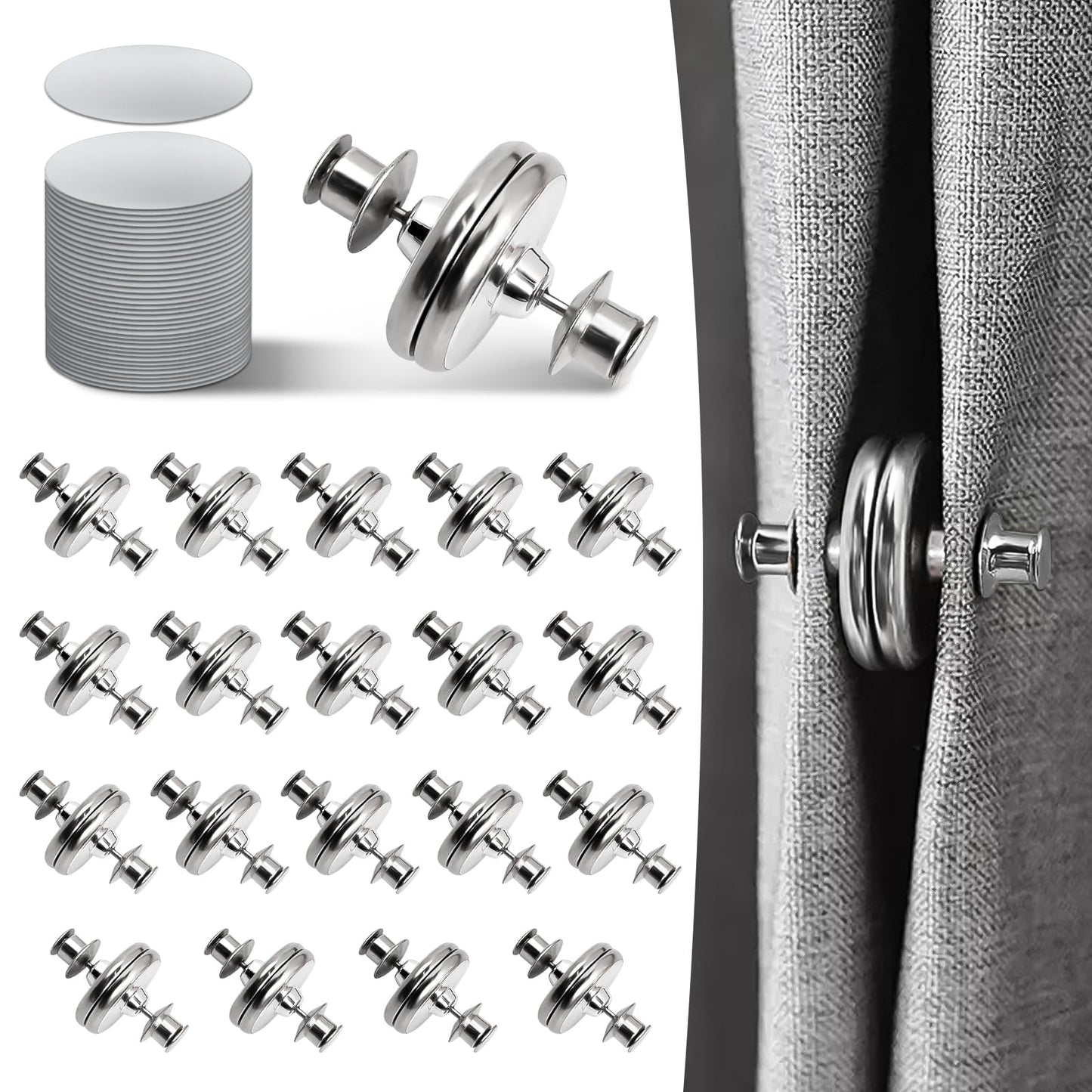 Curtain Magnets, Kaluofan 20Pairs Curtain Magnets Closure with 20Pairs Self-Adhesive Patch, Magnetic Curtain Clips Prevent Light Leaking for Home Bedroom Bathroom Office Draperies