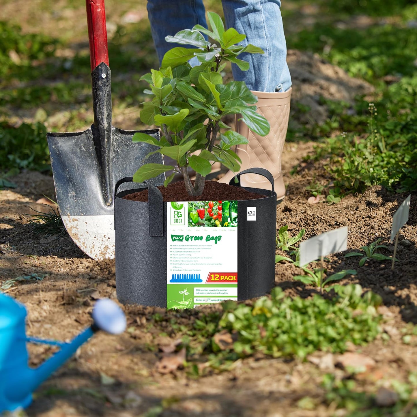 BOGI Grow Bags 12 Pack 3 Gallon Grow Bags Heavy Duty Thickened Nonwoven Grow Bag with Durable Habdles Fabric Pot for Vegetable Flower Potato Garlic Indoor Outdoor Plants + 12 Waterproof Plant Labels